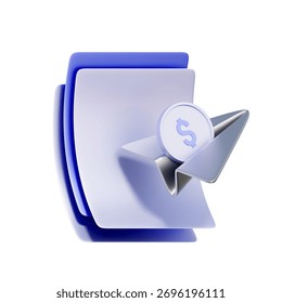 3D icon of documents with a coin and send icon For reviewing transaction details, sending financial documents, confirming payment information, and record keeping.
