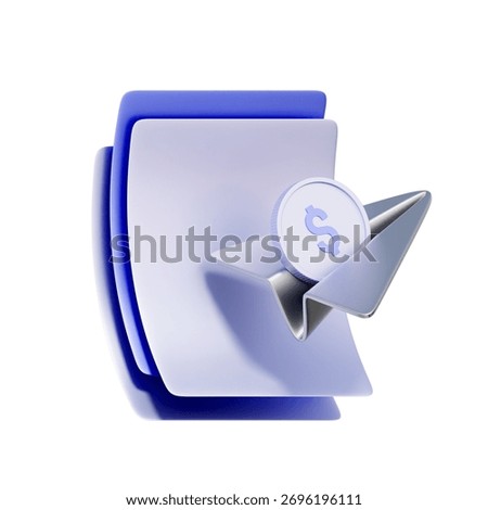 3D icon of documents with a coin and send icon For reviewing transaction details, sending financial documents, confirming payment information, and record keeping.