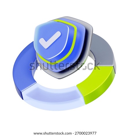 3D icon of a donut chart with a security shield checkmark For secure portfolio diversification, verified investment status, safe asset allocation strategies, and protected financial analysis.