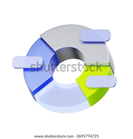 3D icon of a donut chart with segments and labels For data analysis, budget allocation, portfolio diversification, and visualizing financial reports.