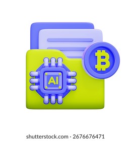 3D icon of a file folder with an AI chip and a Bitcoin coin For AI-powered document analysis, automated financial reporting, data processing, smart contracts.