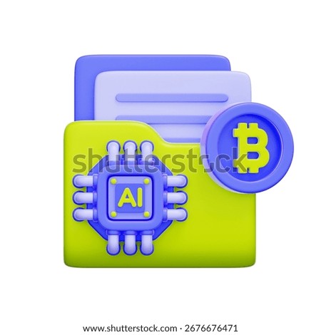3D icon of a file folder with an AI chip and a Bitcoin coin For AI-powered document analysis, automated financial reporting, data processing, smart contracts.