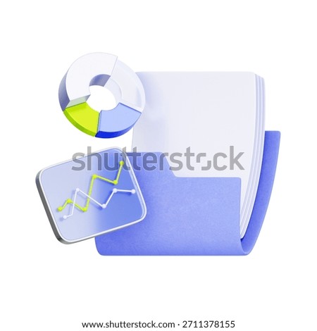 3D icon of a file folder with charts and graph data For financial report, investment portfolio, annual statement, and business analytics.