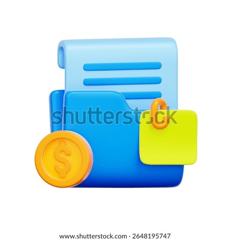 3D icon of a file folder. with a sticky note and a dollar coin. For financial record keeping, expense documentation, accounting files, and budget reports.