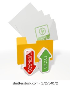 3d icon of a file folder for upload and download with mpeg file documents flying into it isolated on white background