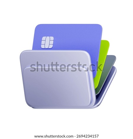 3D icon of a folder holding multiple bank cards For a digital card wallet, managing multiple bank cards, fintech applications, and virtual card storage.