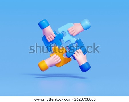 3D icon of four hands assembling interlocking puzzle pieces, representing teamwork, problem-solving, and collaborative project management in business environments.