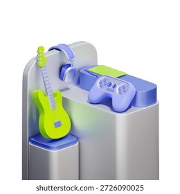 3D icon of a game controller on a podium with an electric guitar and headphones For gaming lounge, music streaming service, digital entertainment, and hobby shop online.