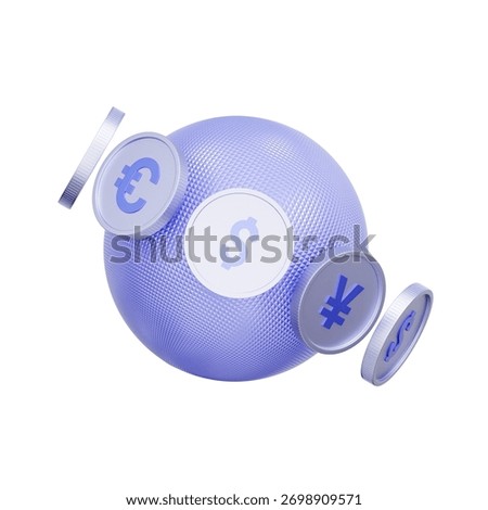 3D icon of a globe with orbiting dollar, euro, and yen coins For representing the global economy, international finance, worldwide currency circulation, and global capital flow.