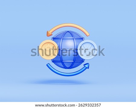 3D icon of a globe with rotating dollar and yen coins, representing global currency exchange, forex trading, and international money conversion.