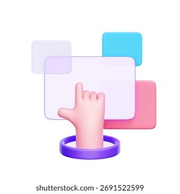 3D icon of a hand touching a virtual button For VR user interface, haptic feedback technology, and interacting with augmented reality menus.