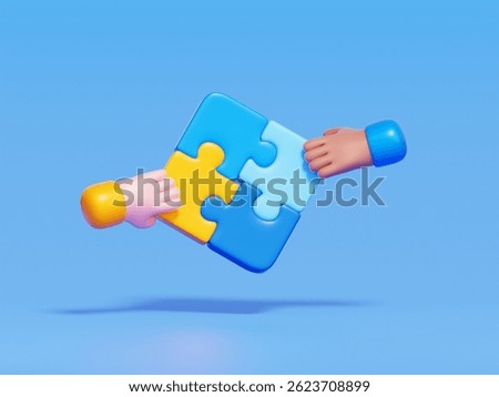 3D icon of hands assembling puzzle pieces, representing teamwork, collaboration, and group unity in corporate or educational settings.