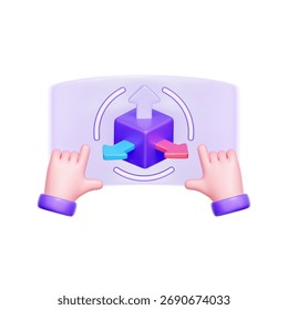 3D icon of hands manipulating a 3D object in VR For virtual reality design, 3D modeling, interactive simulation, and metaverse creation tools.