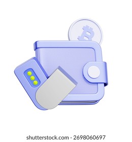 3D icon of a hardware wallet with a software wallet interface and Bitcoin coin For cryptocurrency wallet security, hardware wallet setup, managing Bitcoin assets, and cold storage solutions.