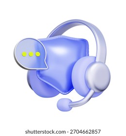 3D icon of a headset with a speech bubble shield For insurance customer support, claim helpline, service assistance, and agent consultation.