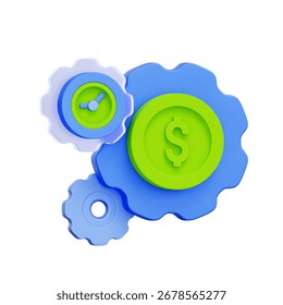 3D icon of interlocking gears with a clock and a dollar coin For time is money, financial efficiency, investment strategy, business productivity.