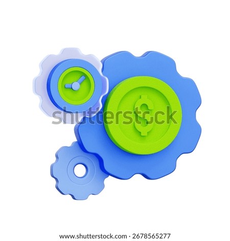 3D icon of interlocking gears with a clock and a dollar coin For time is money, financial efficiency, investment strategy, business productivity.
