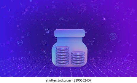 3D Icon . A Jar With Money, Information About Cyberspace With A Grid, A Gradient Color In Purple Pink, A Holographic Sign In The Form Of A Jar With Coins. 3D Rendering.