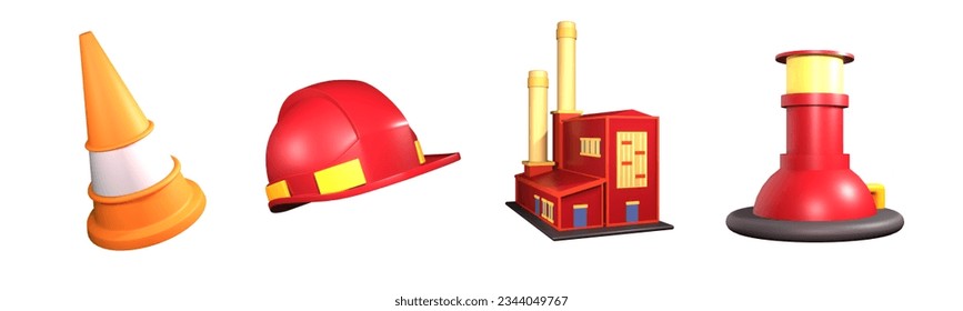 3D icon labor day collection rendered isolated on the white background. construction cone, construction hat, factory building, and factory chimney object for your design. - Powered by Shutterstock