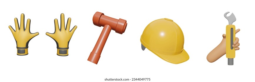 3D icon labor day collection rendered isolated on the white background. worker's glove, hammer, construction hat, and hand holding wrench object for your design. - Powered by Shutterstock