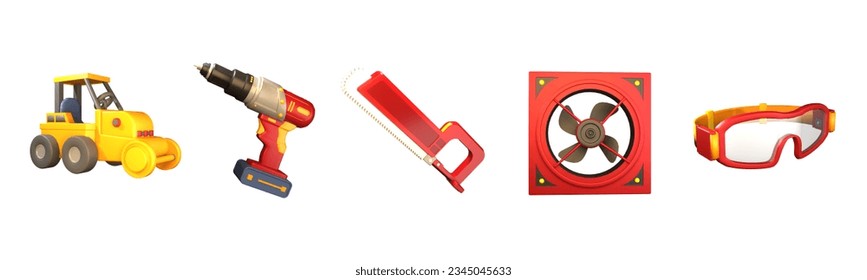 3D icon labor day collection rendered isolated on the white background. construction bulldozer, drill tools, hand saw, industrial ventilation fan, and safety goggles object for your design. - Powered by Shutterstock