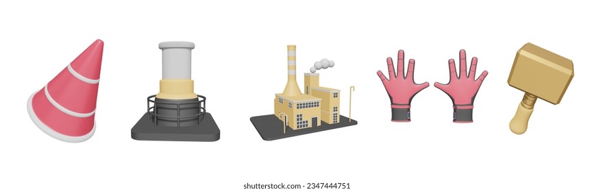 3D icon labor day collection rendered isolated on the white background. construction cone, factory chimney, factory building, worker gloves, and hammer object for your design. - Powered by Shutterstock