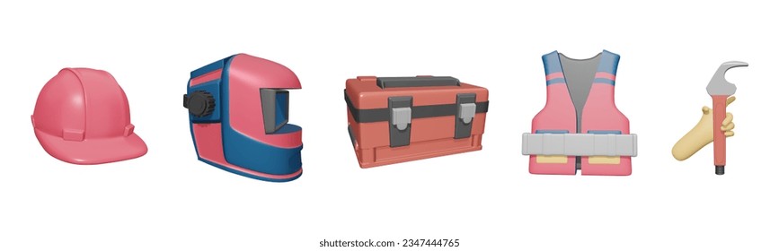 3D icon labor day collection rendered isolated on the white background. construction helmet, welding mask, toolbox, safety vest, and hand holding wrench object for your design. - Powered by Shutterstock