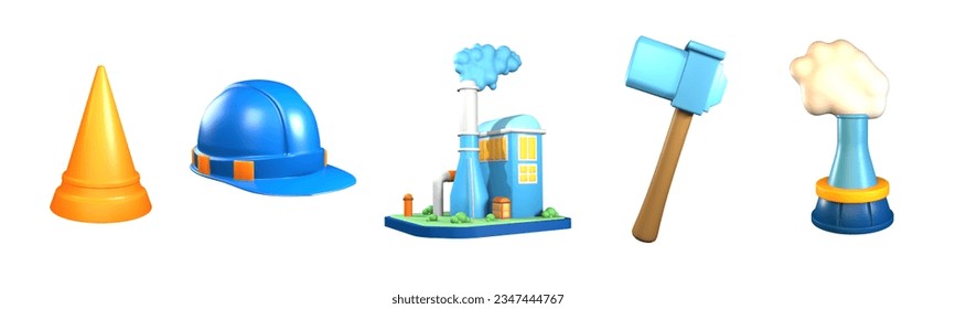 3D icon labor day collection rendered isolated on the white background. construction helmet, construction cone, factory building, hammer, and factory chimney object for your design. - Powered by Shutterstock