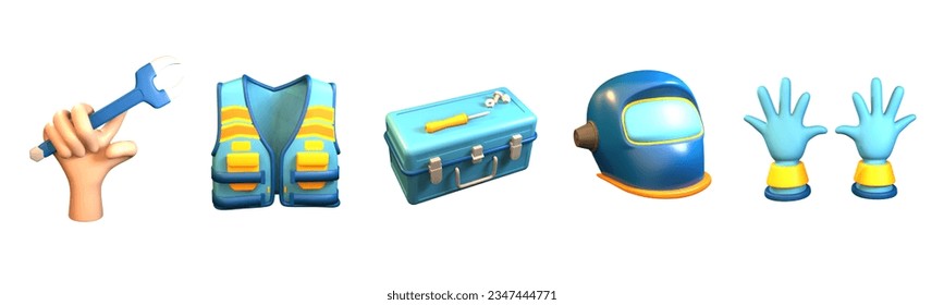 3D icon labor day collection rendered isolated on the white background. hand holding wrench, welding mask, toolbox, safety vest, and worker gloves object for your design. - Powered by Shutterstock