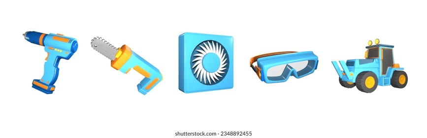 3D icon labor day collection rendered isolated on the white background. drill tools, hand saw, industrial ventilation fan, safety goggles, and construction bulldozer object for your design. - Powered by Shutterstock