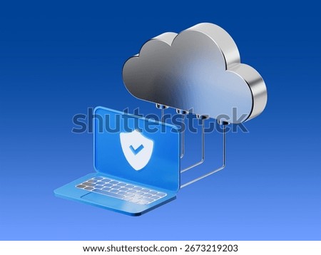 3D icon of a laptop connected to a cloud with a security shield, symbolizing cloud computing, online storage, and data protection.