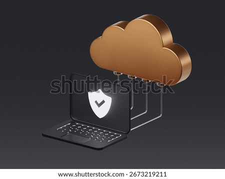 3D icon of a laptop connected to a cloud with a security shield, symbolizing cloud computing, online storage, and data protection.