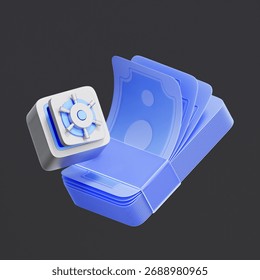 3D icon of a large stack of cash with a safe box For wealth management, securing large assets, and high-value financial protection.