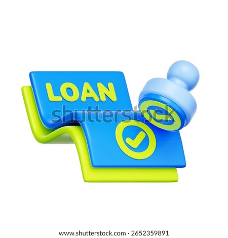 3D icon of a "LOAN" document with an approved stamp and checkmark. For loan approval, credit sanction, financial agreement, and successful lending.