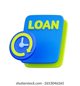 3D icon of a "LOAN" document with a clock and a looping arrow. For loan refinance, debt restructuring, term adjustment, and financial revision.
