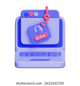 3D icon of a login window with a hook symbol, representing fake login pages designed to steal usernames and passwords.