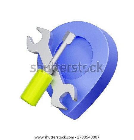 3D icon of a map pointer with wrench and screwdriver for repair service, technical support, and location tracking