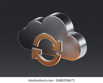 3D icon of a metallic cloud with a circular synchronization arrows symbol, representing cloud storage sync, data update and online backup.