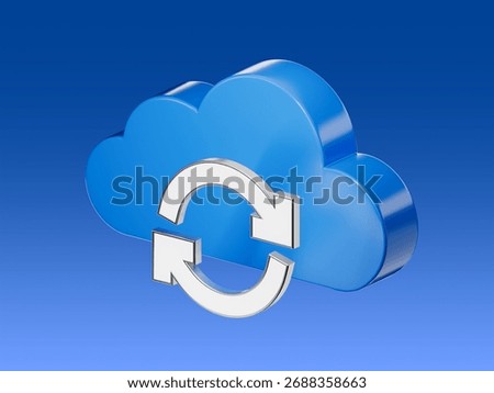 3D icon of a metallic digital cloud with a circular synchronization arrows symbol, representing cloud storage sync, data update and online backup.