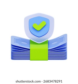 3D icon of a money stack with a security shield For asset protection, financial security, insured deposits, investment protection.