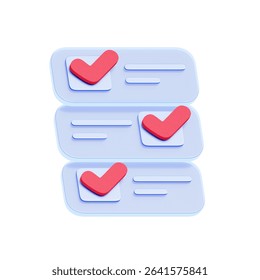 3D icon of multiple checklist items with red checkmarks. For task completion, progress tracking, successful projects, and verified achievements.