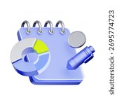3D icon of a notebook with a pie chart and pen For budget planning, financial analysis, expense tracking, and taking financial notes.