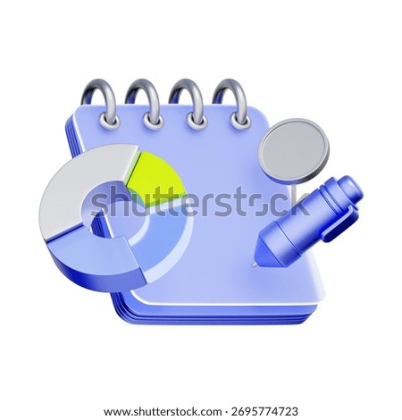 3D icon of a notebook with a pie chart and pen For budget planning, financial analysis, expense tracking, and taking financial notes.