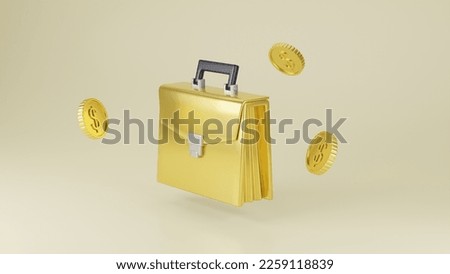 3d icon on solid color background, gold finance series, minimal style, 3d render illustration. A gold suitcase with coins around it