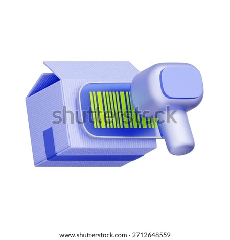 3D icon of an open box with a scanner reading a barcode For inventory barcode scanning, product tracking, warehouse check-in, and digital ID.