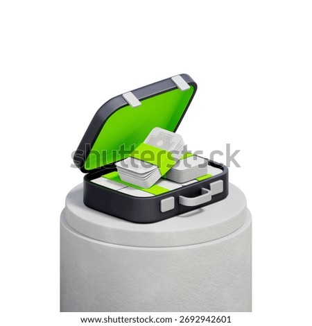 3D icon of an open briefcase full of money stacks For business investment, financial success, wealth management, large cash transaction.