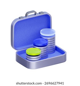 3D icon of an open briefcase with stacks of coins For managing an investment portfolio, representing business capital, or a dedicated savings fund.