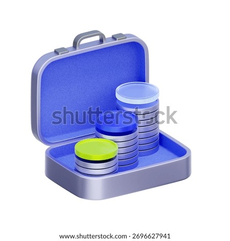3D icon of an open briefcase with stacks of coins For managing an investment portfolio, representing business capital, or a dedicated savings fund.