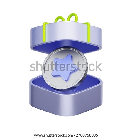 3D icon of an open gift box containing a star coin For welcome bonus rewards, loyalty program point gifts, special achievement prizes, and exclusive member bonuses.