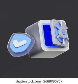3D icon of an open safe box with a security shield For secure savings, financial protection, and guaranteed asset safety.